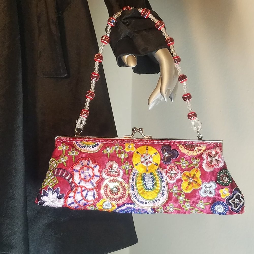 Women's Cranberry Decorative Beaded Handbag (10" w x 4" h)
